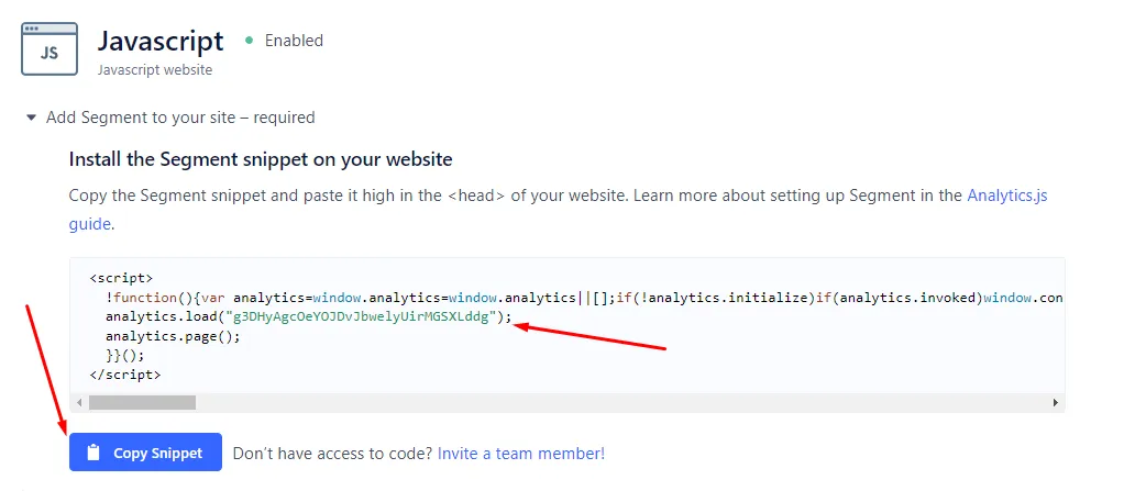 Segment JavaScript installation snippet with Copy Snippet button highlighted.