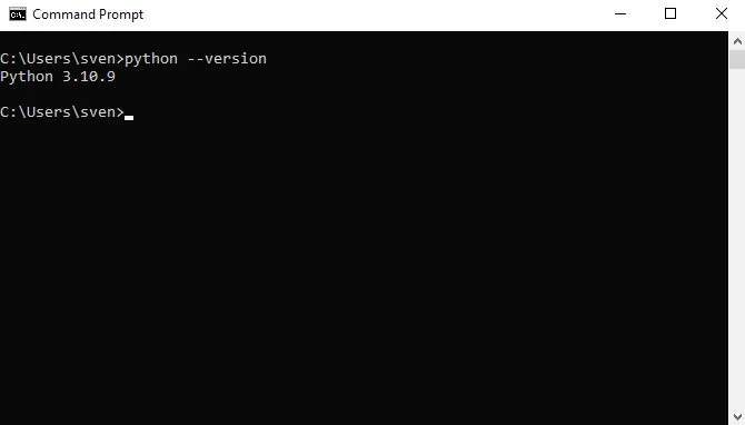 Windows Command Prompt showing Python 3.10.9 version output.