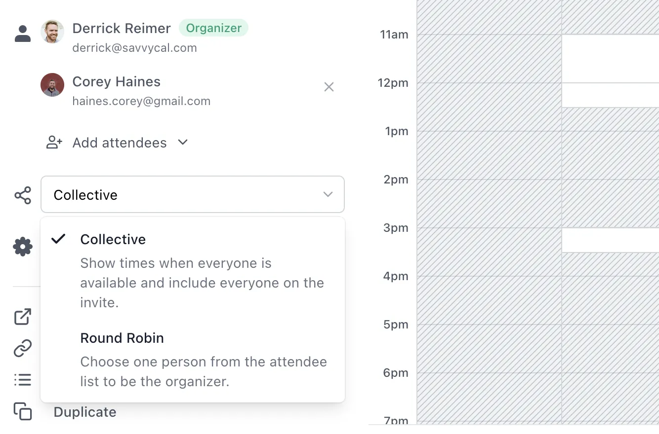 SavvyCal scheduling panel showing attendees, organizer badge, and collective versus round robin options.