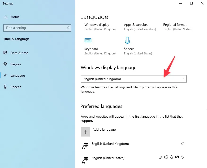 Windows Settings Language pane showing Windows display language and preferred languages with a dropdown highlighted.