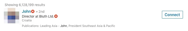 LinkedIn search result row showing a profile name, title, location, and Connect button.
