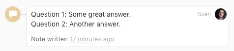 Close note showing two form questions and answers with author avatar and timestamp.