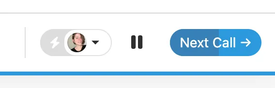 Power Dialer call bar showing agent avatar, pause icon, and Next Call button.