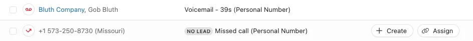 Inbox showing voicemail and missed-call notifications with lead badges and action buttons.