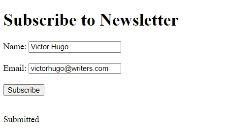 Simple newsletter subscription form with Name and Email fields and a Subscribe button.