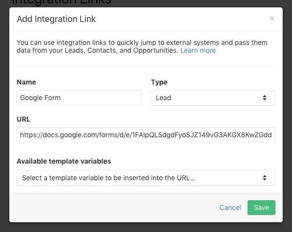 Modal dialog for adding an integration link with fields for Name, Type, URL, and template variables.
