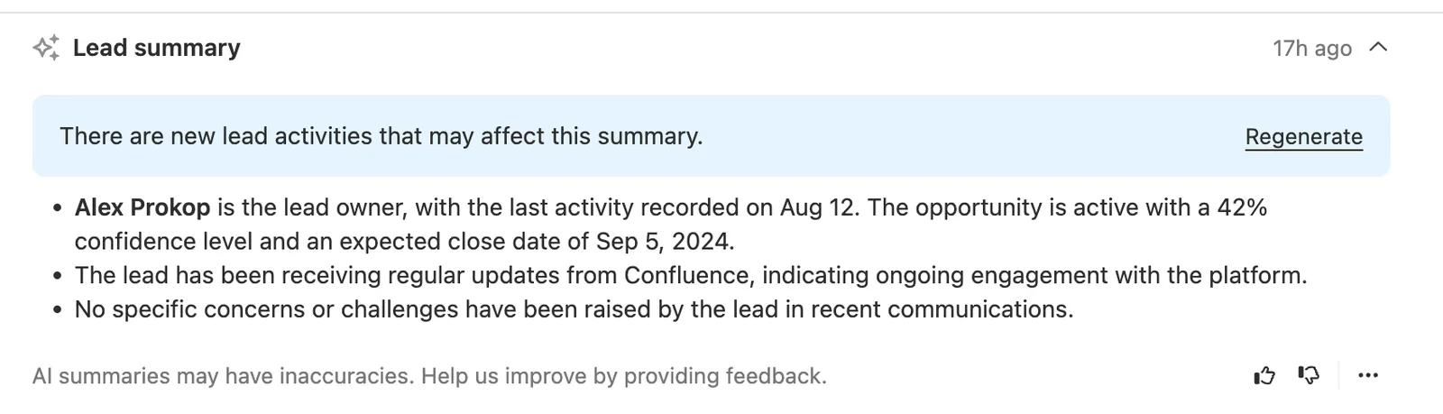 Lead summary panel showing a banner about new activities with bullet-point AI-generated summary and a Regenerate link.