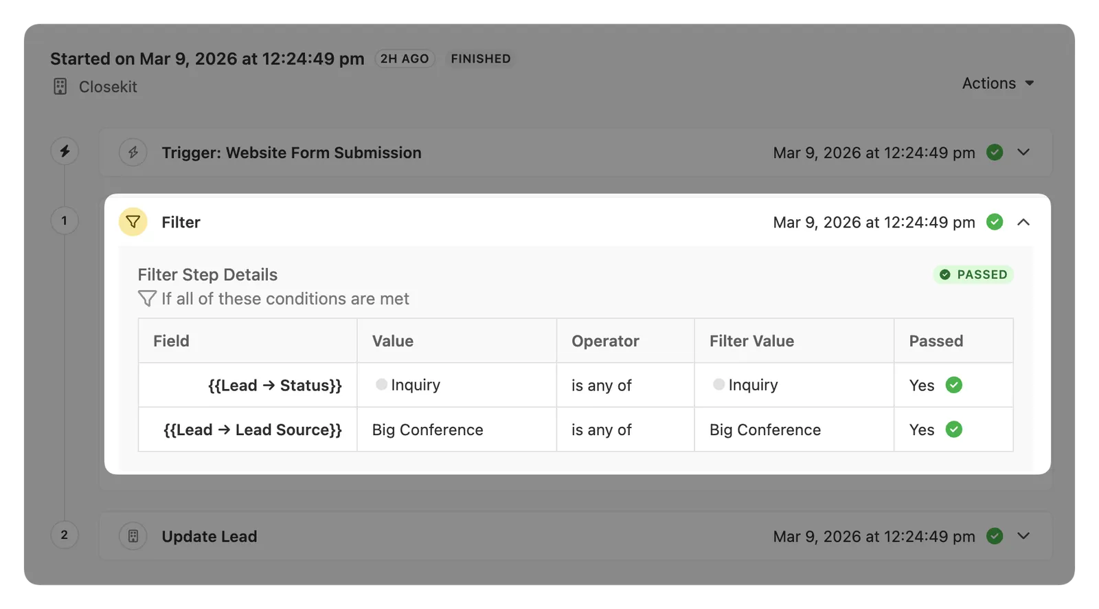 Workflow editor showing a Filter step with conditions that passed for Lead Status and Lead Source.