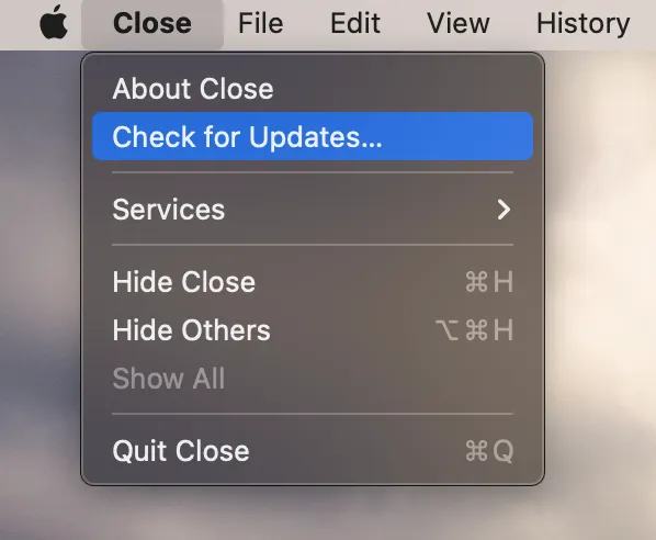 Mac Close app menu with 'Check for Updates...' highlighted under the Close menu.