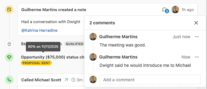 Lead activity panel showing a note with an open comments popover and two comments.