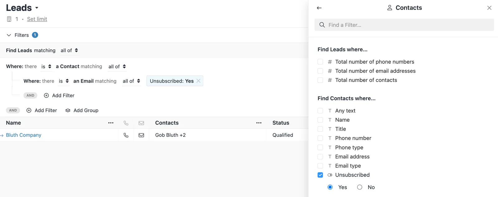 Leads list with a filter for contacts whose email Unsubscribed status is set to Yes.