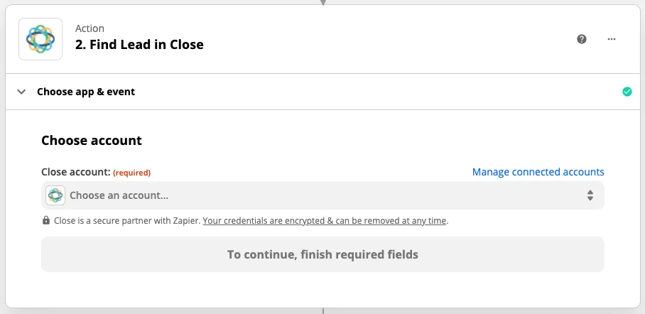Zapier action panel prompting to choose a Close account to find a lead in Close.