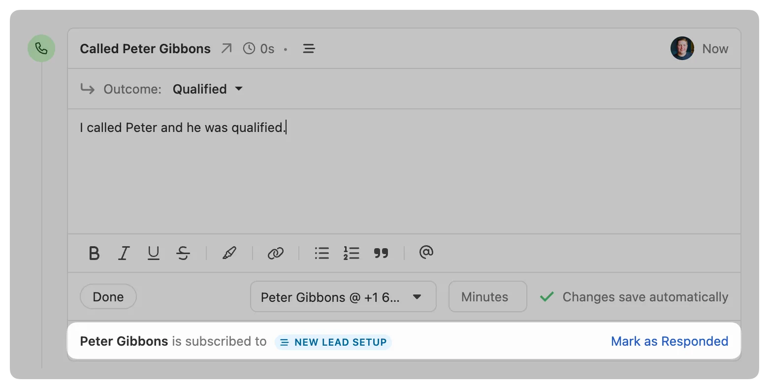 Call activity editor showing outcome set to Qualified with a note about calling Peter Gibbons.