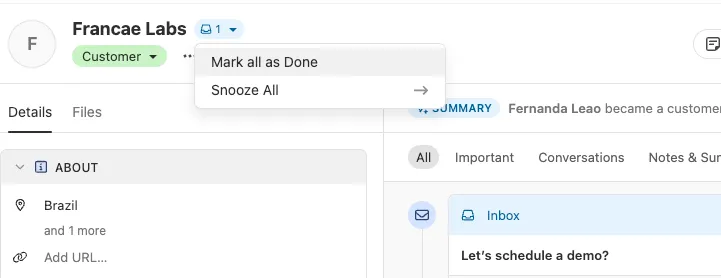 Inbox view showing a Lead with dropdown options to mark all as done or snooze all.