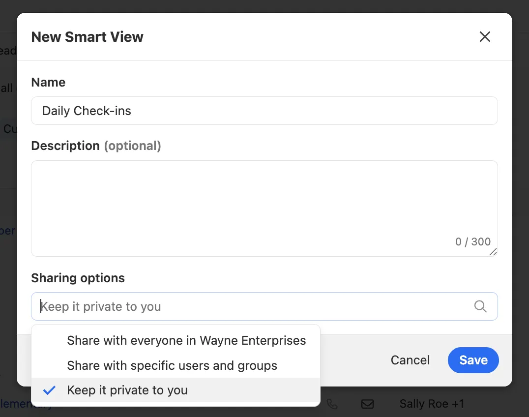 Modal window to name, describe, and set sharing options for a new Smart View.