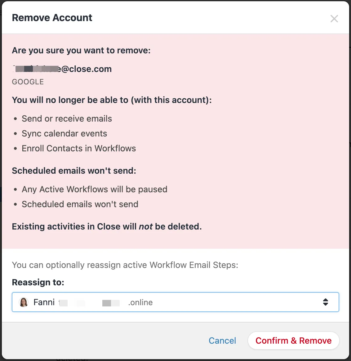 Modal dialog warning before removing an email account with reassignment option and Confirm & Remove button.