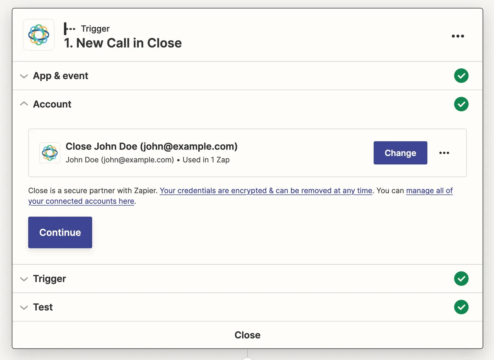 Zapier trigger step showing a connected Close account with Change button and Continue action.