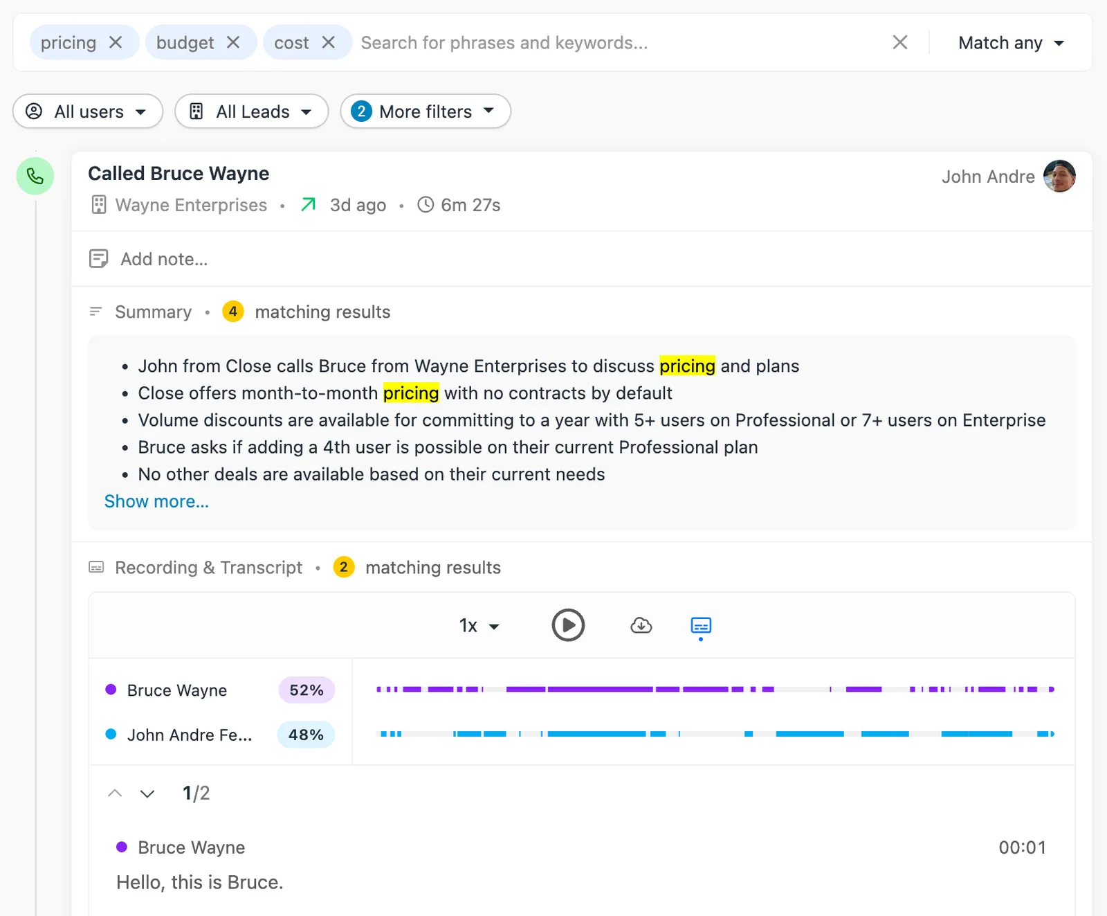 Conversations view showing keyword search tags, a call entry with highlighted pricing matches, and transcript and recording sections.