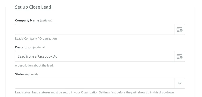 Form fields for setting up a Close lead with company name, description, and status.