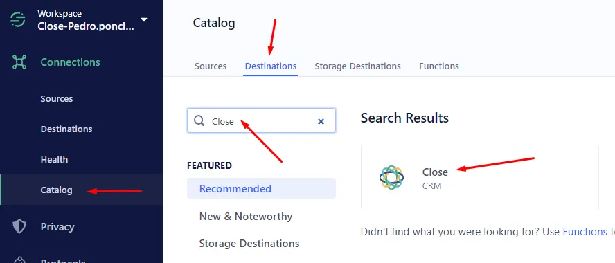 Segment catalog Destinations tab with Close destination highlighted in search results.