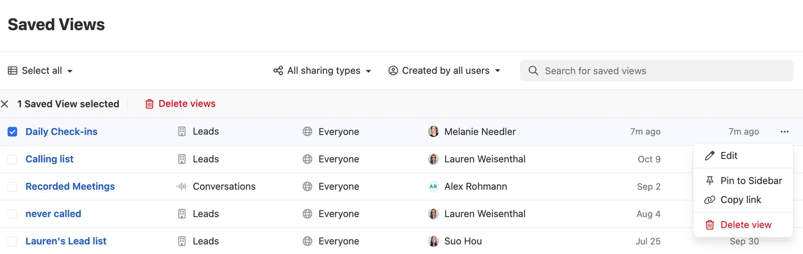 List of saved Smart Views with names, types, owners, and actions menu.