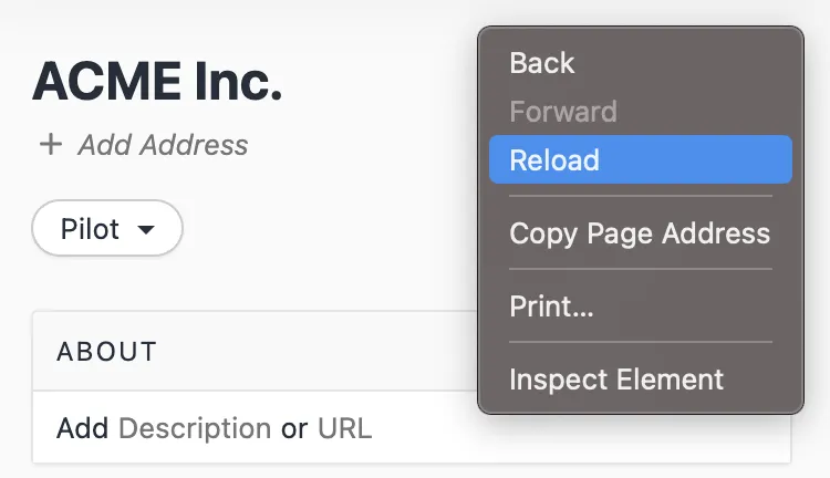 Right-click context menu showing the Reload option highlighted over a CRM contact page.