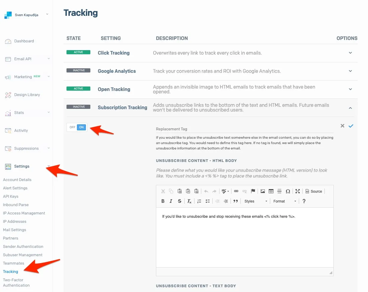 SendGrid Tracking settings page showing click, open, subscription tracking and unsubscribe content editor.