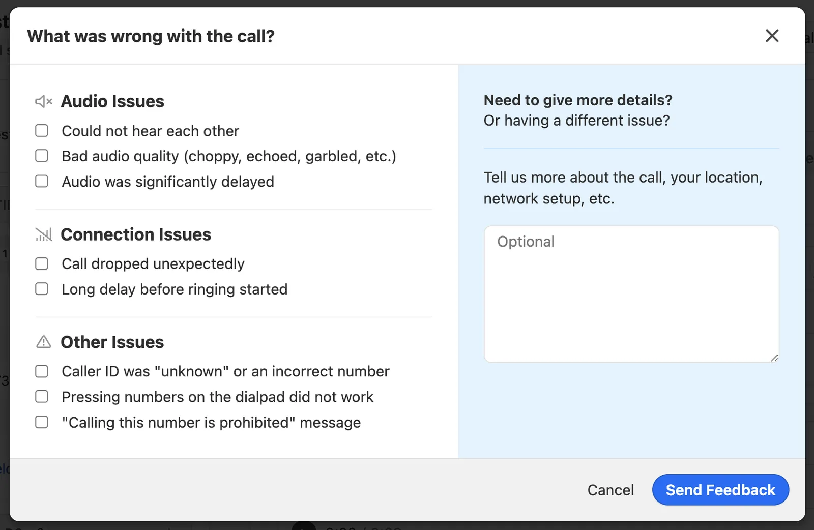 Modal form listing audio, connection, and other call issue checkboxes with an optional comments box.