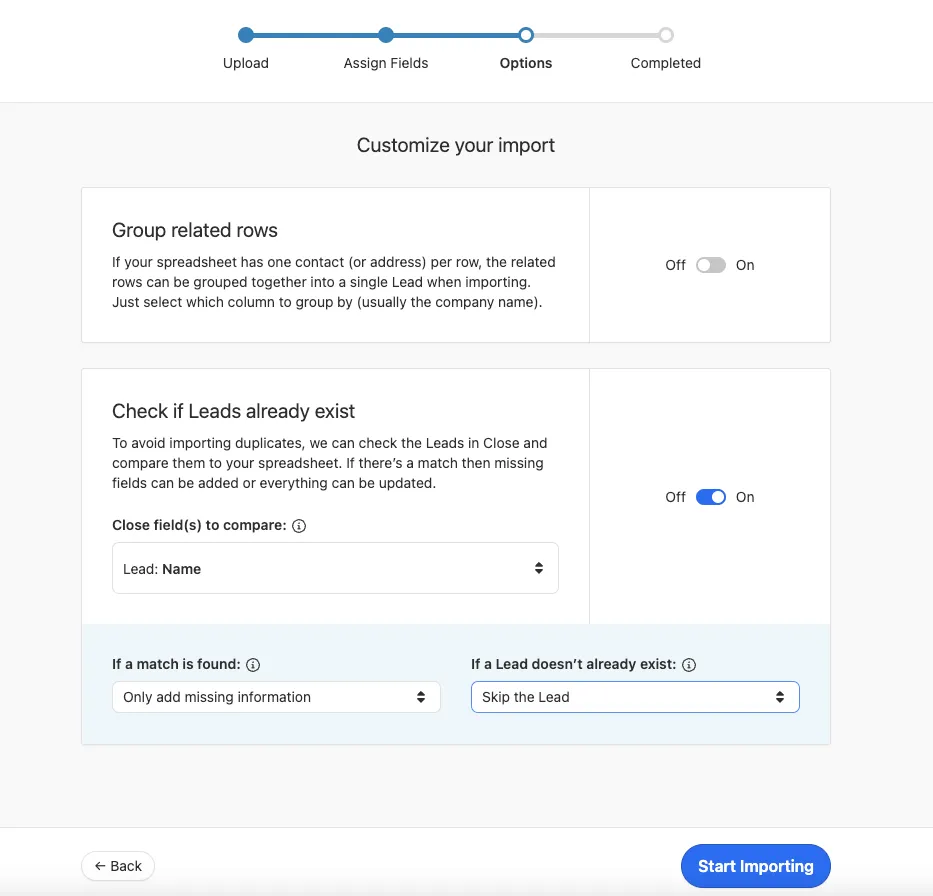 Importer options page showing group rows toggle and duplicate lead checking settings.