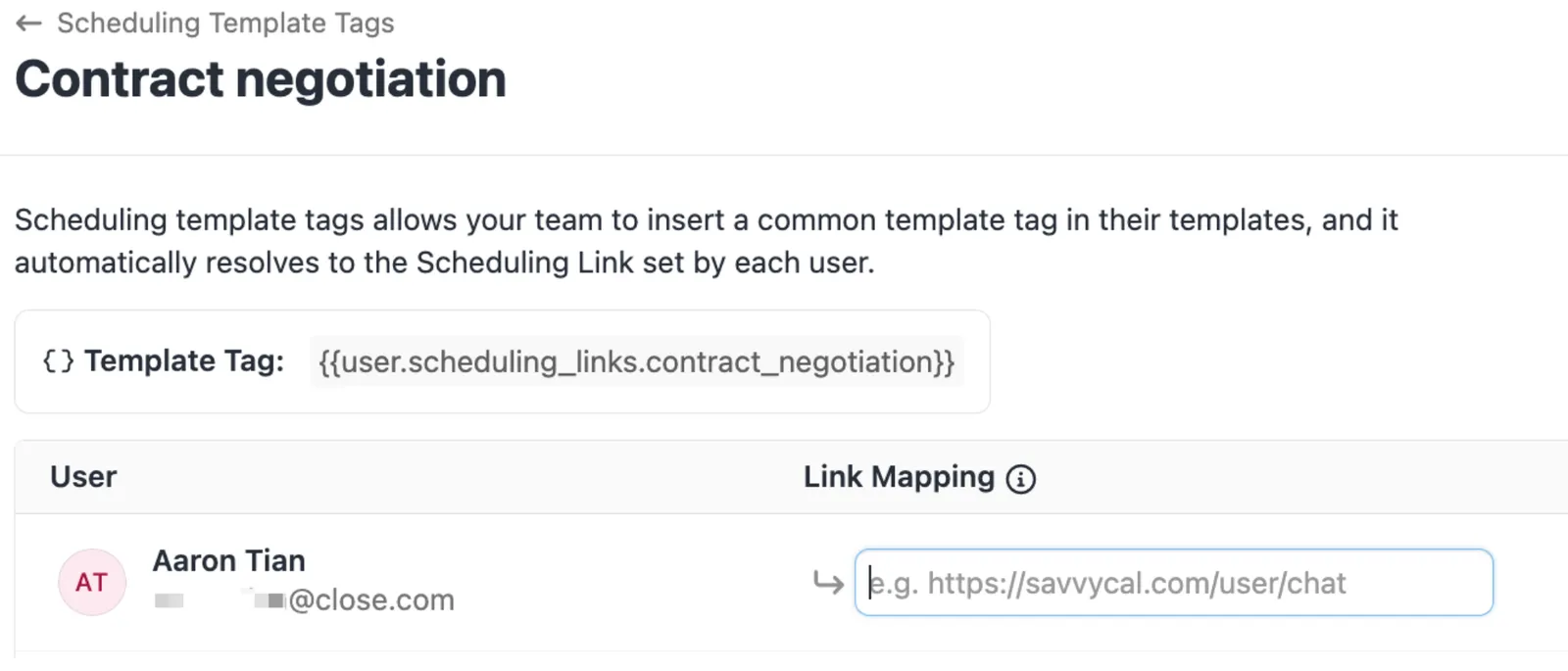 Scheduling template tag panel showing {{user.scheduling_links.contract_negotiation}} and user link mapping input.