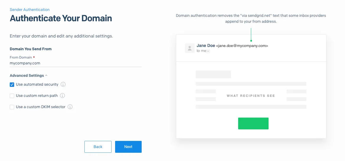 SendGrid Authenticate Your Domain screen showing domain field, advanced settings, and preview of recipient view.