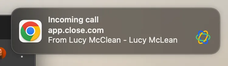 Browser notification showing an incoming call from Lucy McClean on app.close.com.