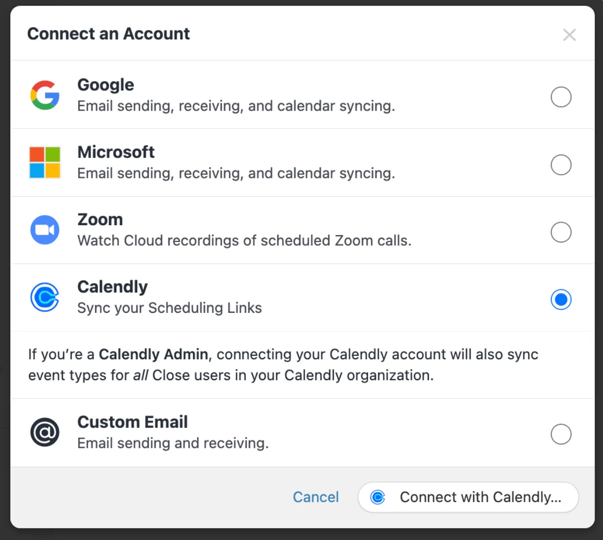 Modal listing account types with Calendly selected for syncing scheduling links.