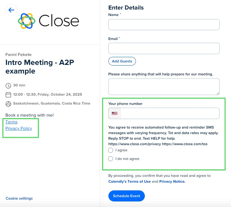 Scheduling signup form showing phone number field, SMS consent text, and agree/disagree radio options alongside links to Terms and Privacy Policy.