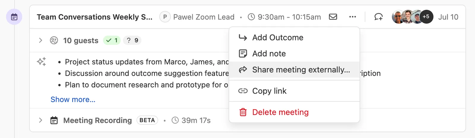 Meeting item with dropdown menu showing share meeting externally and delete meeting options.
