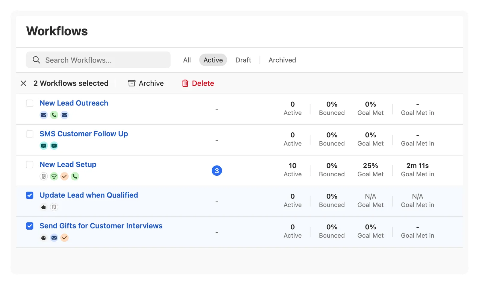 List view of workflows with search, filters, and multiple workflow rows showing status metrics and selected items.