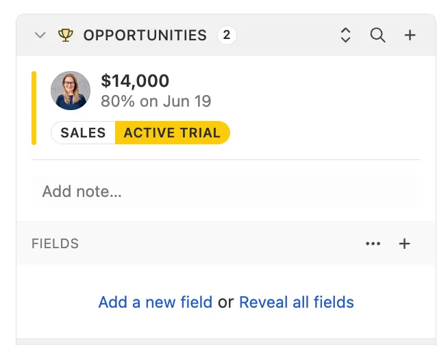 Opportunity sidebar showing value, status badges, note field, and option to add or reveal custom fields.