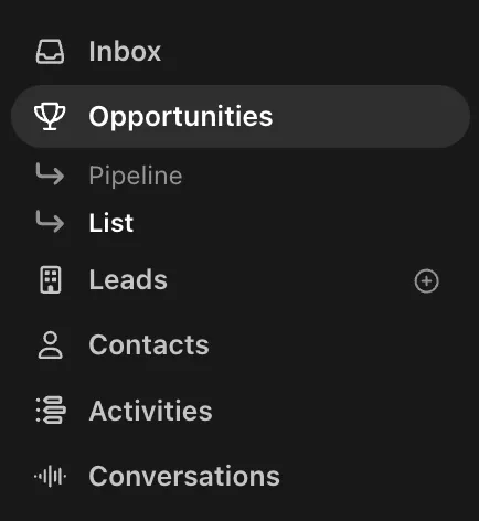Left-hand navigation showing Opportunities highlighted with List, Leads, Contacts, and other menu items.