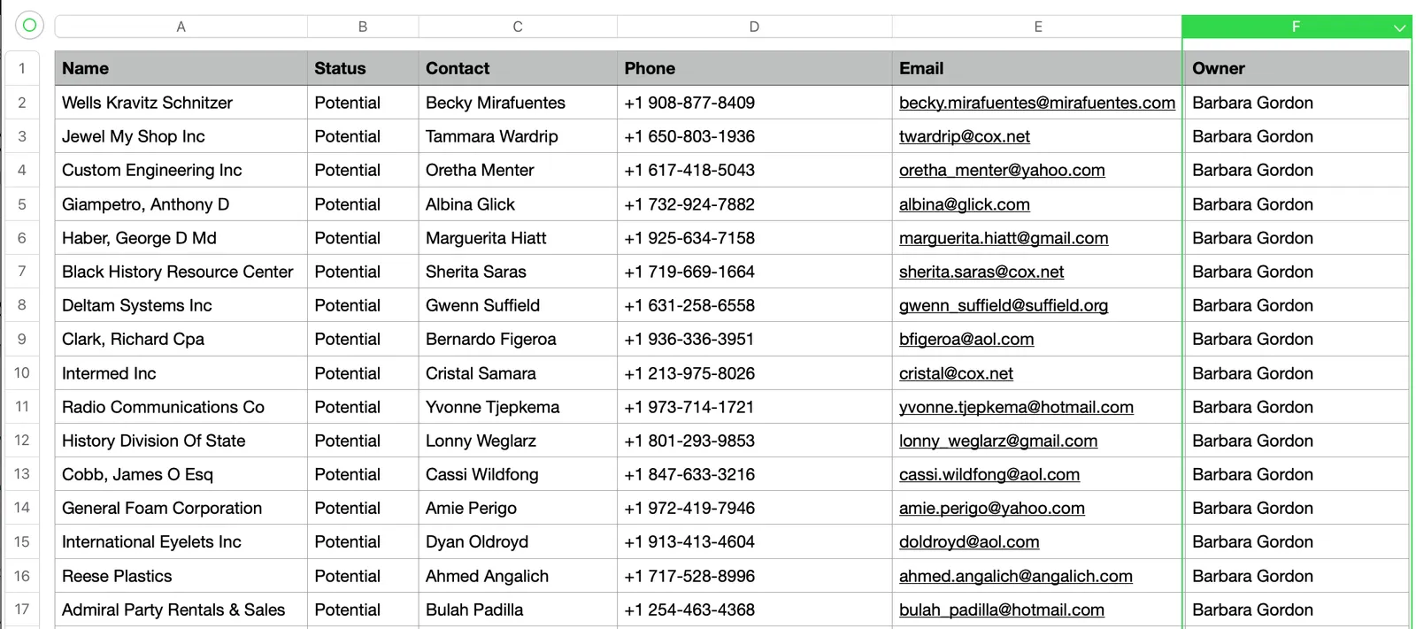 Spreadsheet showing leads with columns for name, status, contact, phone, email, and owner all assigned to Barbara Gordon.
