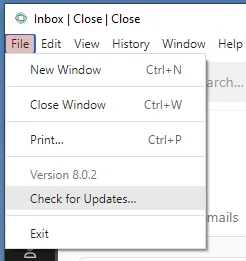 Close app File menu showing Check for Updates option.