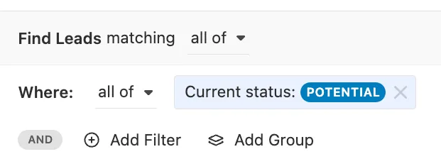 Smart View interface showing a filter for Current status set to Potential.