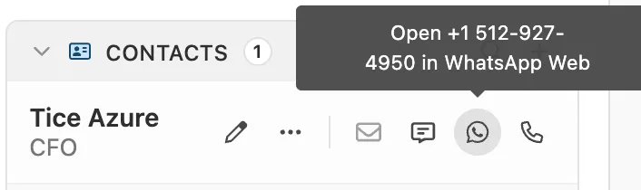 Lead panel showing WhatsApp icon with tooltip to open number in WhatsApp Web.