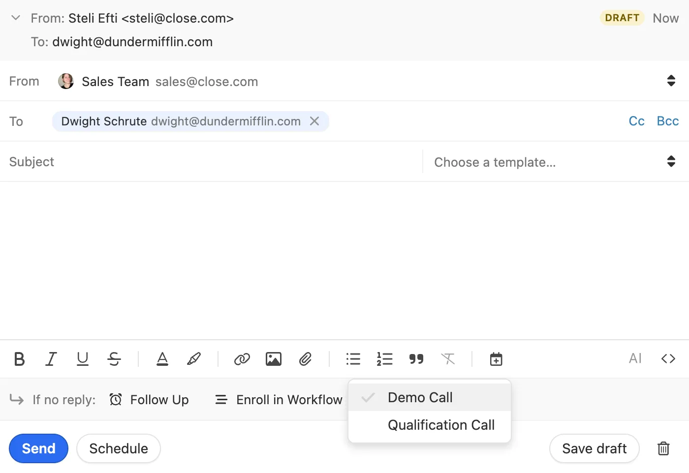 Email compose window showing recipient, template menu, and a scheduling link dropdown with Demo Call and Qualification Call.