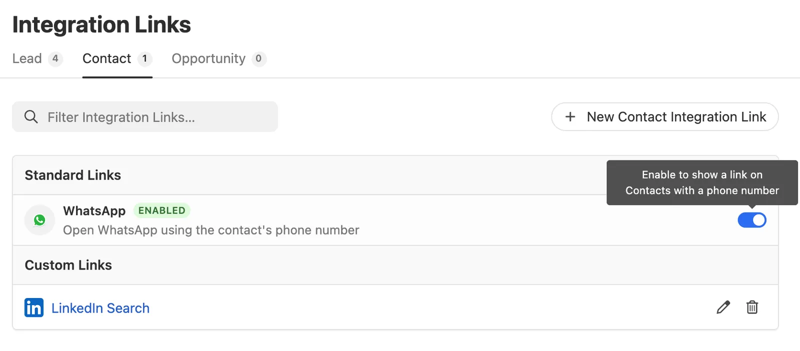 Integration Links settings showing WhatsApp enabled under Standard Links with a toggle on.