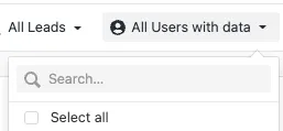 Open user filter dropdown with search box and Select all checkbox.