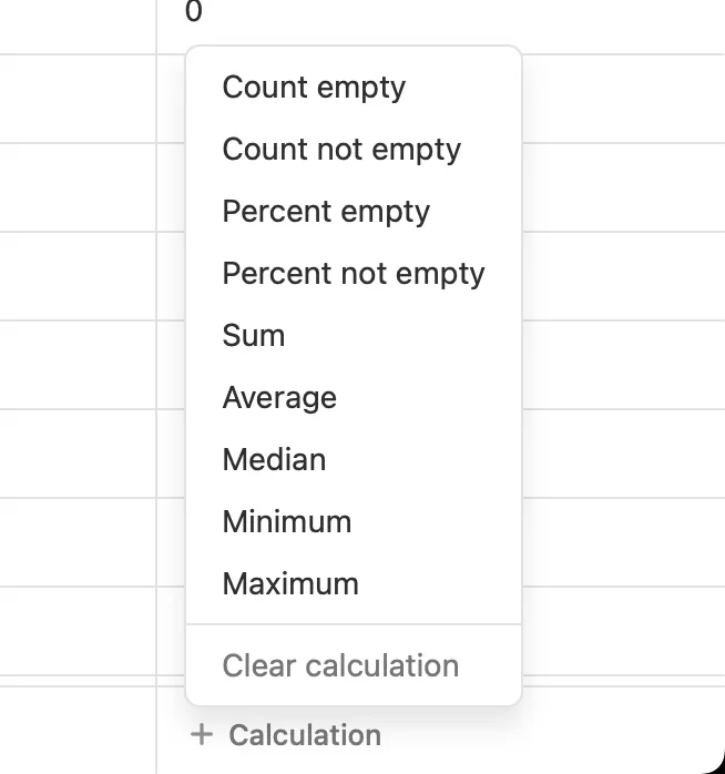 Dropdown menu showing calculation options like count, percent, sum, average, median, minimum, and maximum.