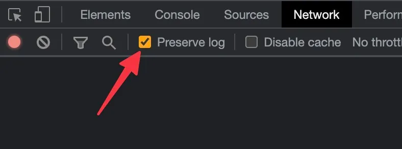 Developer tools Network tab with Preserve log checkbox highlighted.