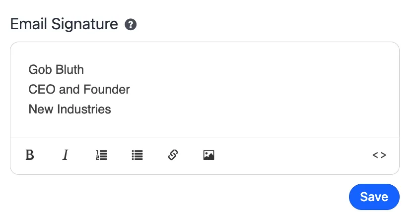 Email signature editor box showing name, title, company and formatting toolbar with a Save button.
