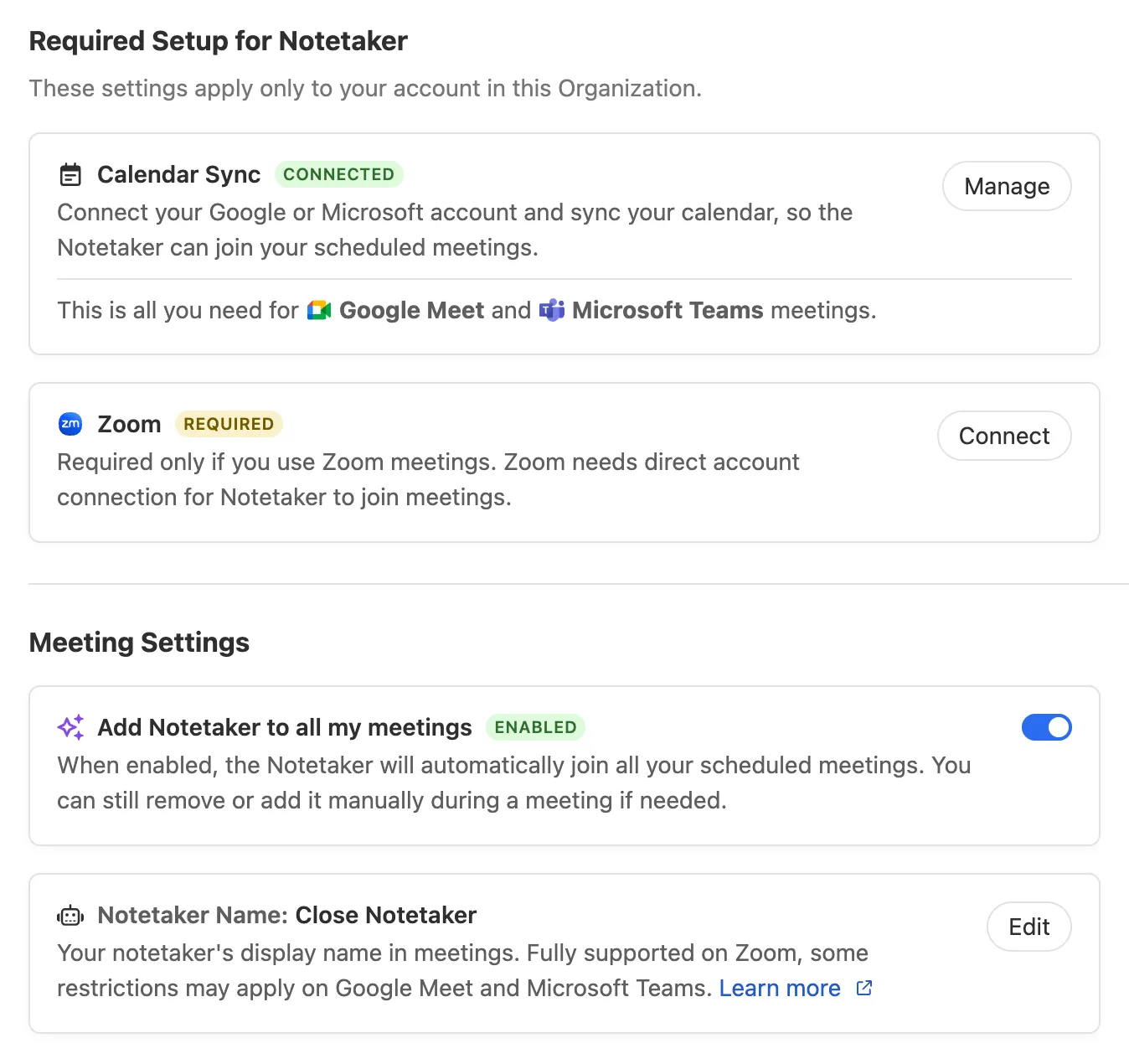 Settings panel showing calendar sync, Zoom connect, and meeting settings for Notetaker.