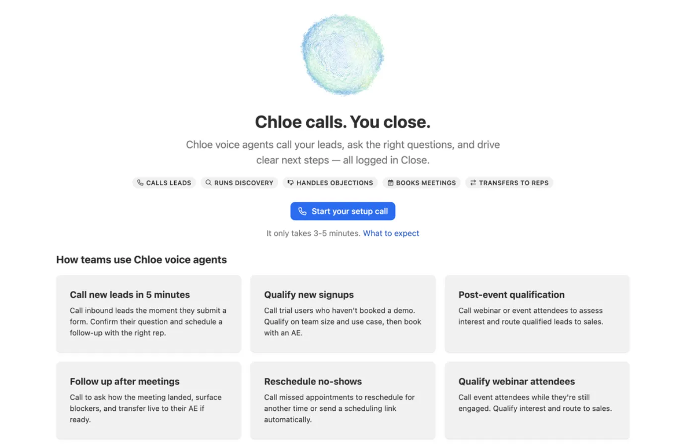 Chloe voice agent landing page with call-to-action to start setup and use case cards.